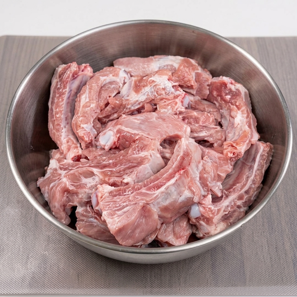 Frische rohe Schweinerippchen in einer Schüssel mit klarem Wasser.