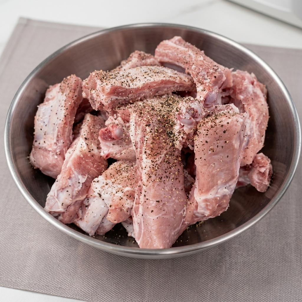 Gewürzte rohe Schweinerippchen in einer Metallschüssel mit sichtbaren Kräutern und Öl.