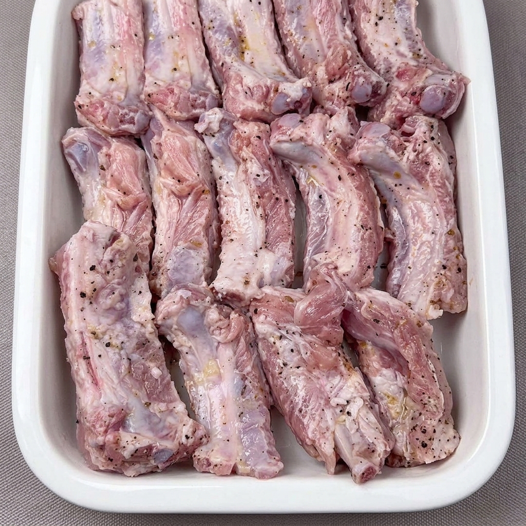 Gewürzte Schweinerippchen ordentlich auf einem Rost im Airfryer-Korb ausgelegt.