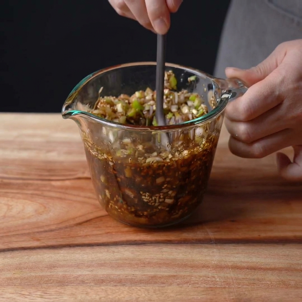 Eine Hand rührt mit einem Löffel die dunkle Marinade in einem Glasmessbecher um.
