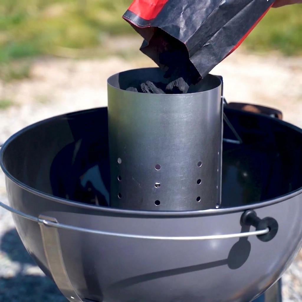 Holzkohlebriketts in einem Anzündkamin aus Metall, bereit zum Anzünden.