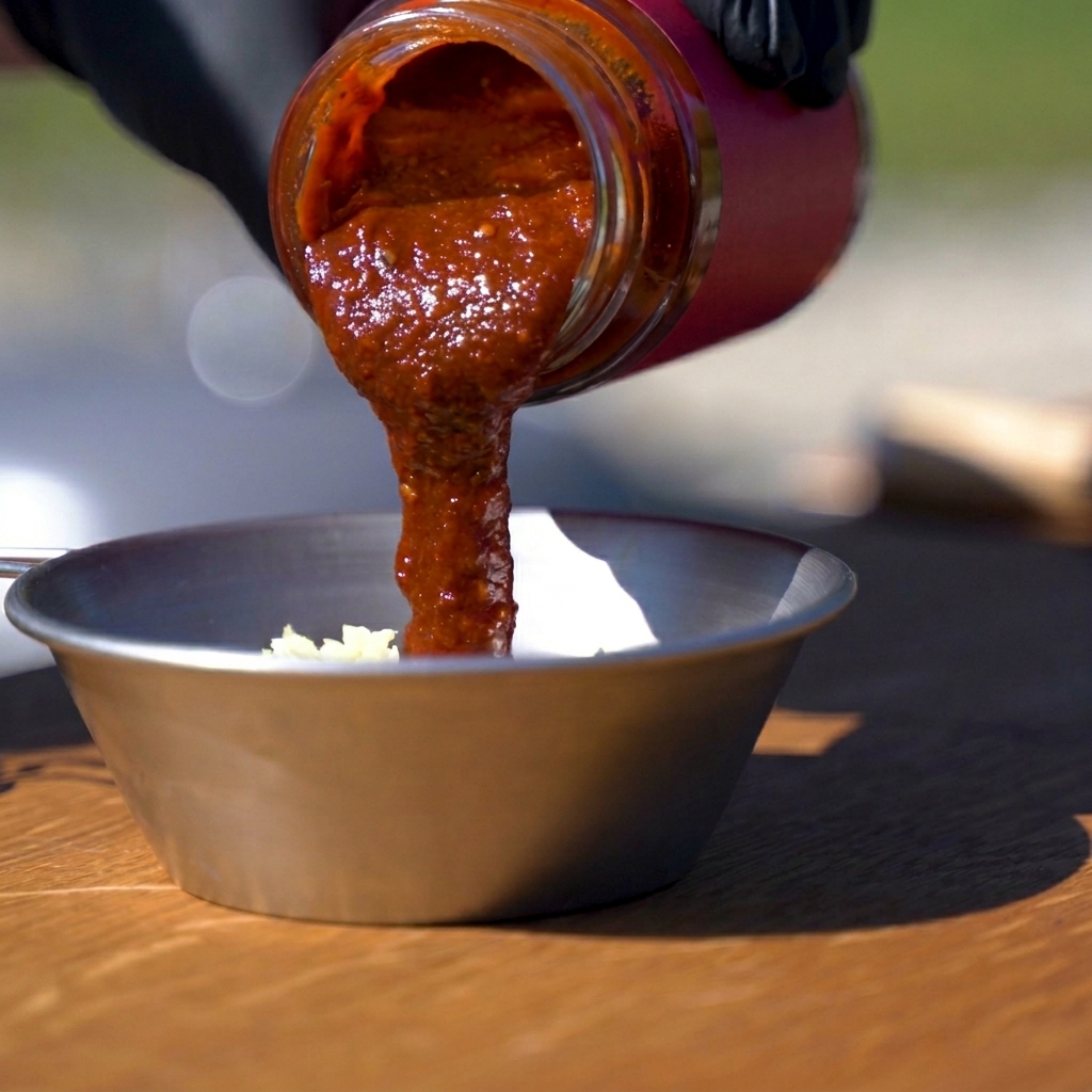 Eine Mischung aus den Zutaten für die koreanische Chilisauce in einer Metallschale.