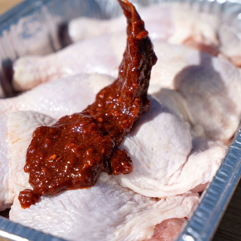 Hähnchenkeulen in einer Aluminiumschale werden mit einer leuchtend roten koreanischen Chilisauce bestrichen.