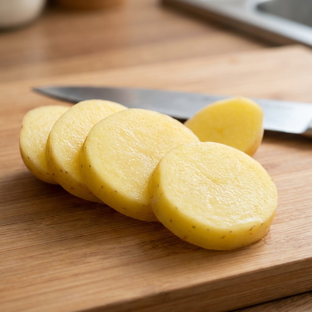 Gleichmäßig gewürfelte Kartoffelscheiben auf einem Holzschneidebrett neben einem Messer.