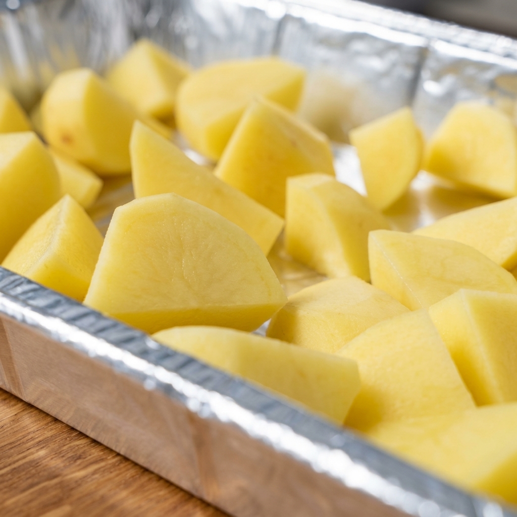 Eine Basisschicht aus gewürfelten Kartoffeln und frischem Kohl in einer Aluminiumschale.