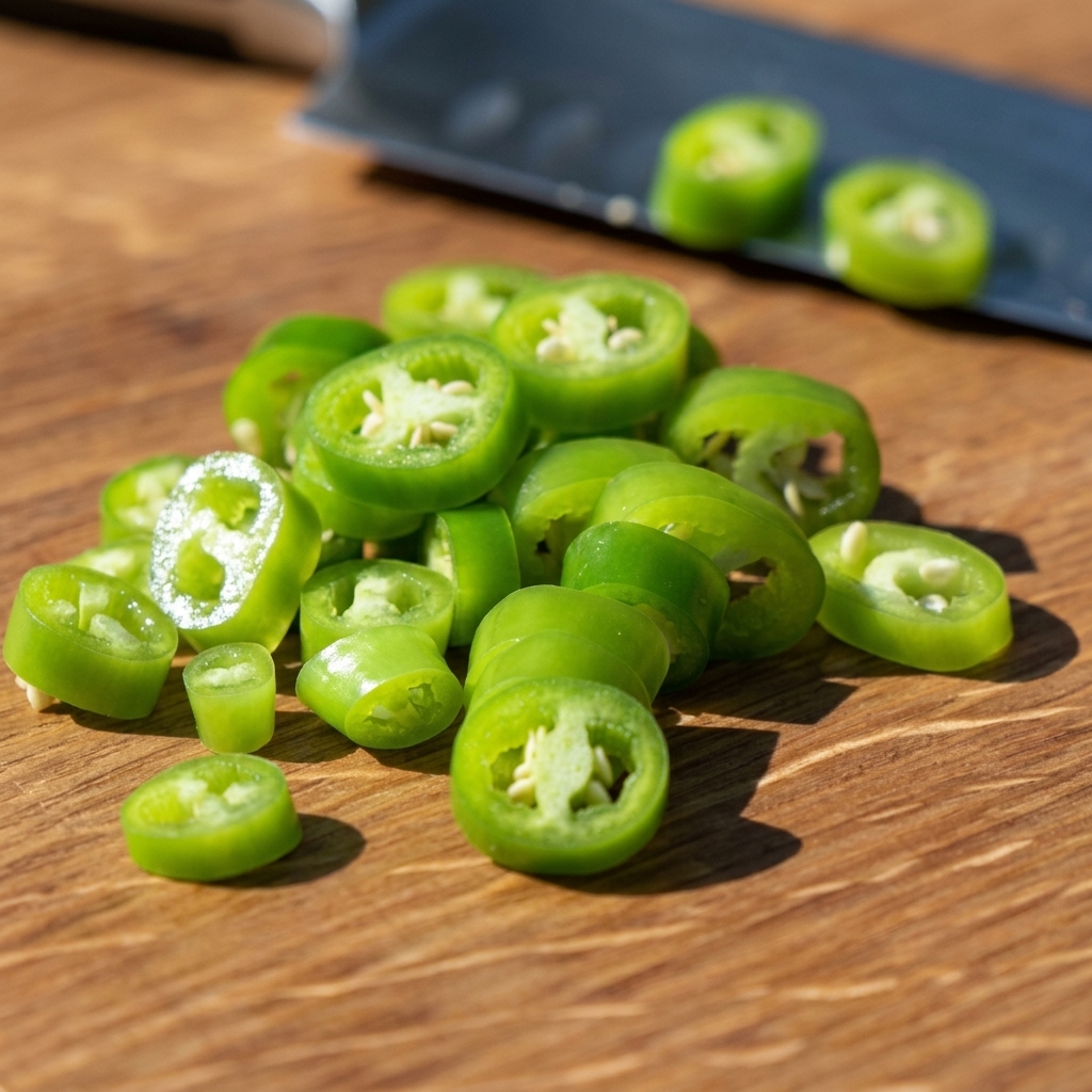 Grüne Chilischeiben, verstreut auf einem Bett aus Kartoffeln und Kohl in einer Aluschale.