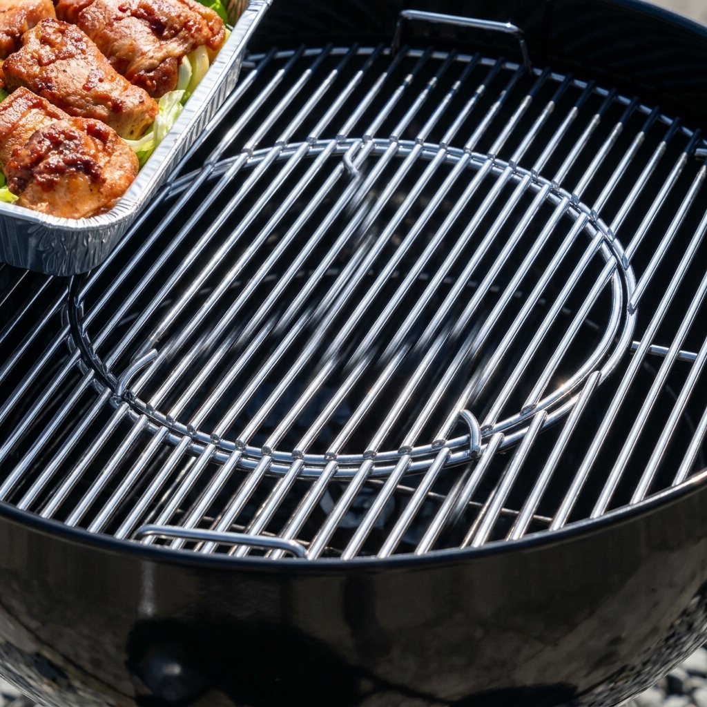 Ein leerer Grillrost, bereit für die Aluminiumschale mit Hähnchen und Gemüse.