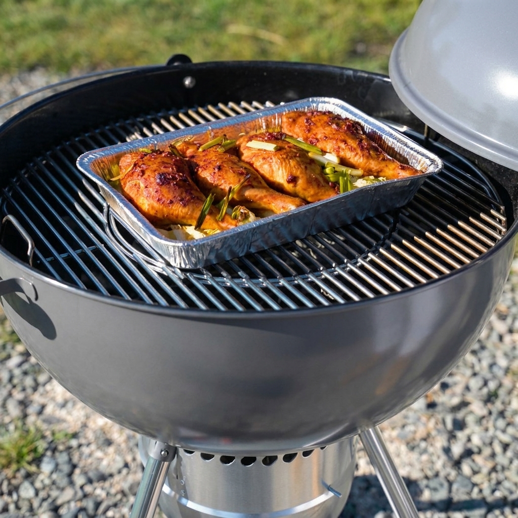 Hähnchenkeulen auf dem Grill werden mit einer dicken roten Sauce bepinselt.