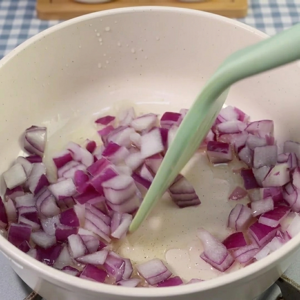 Kimchi wird in einen Topf mit angebratenen roten Zwiebeln gegeben.