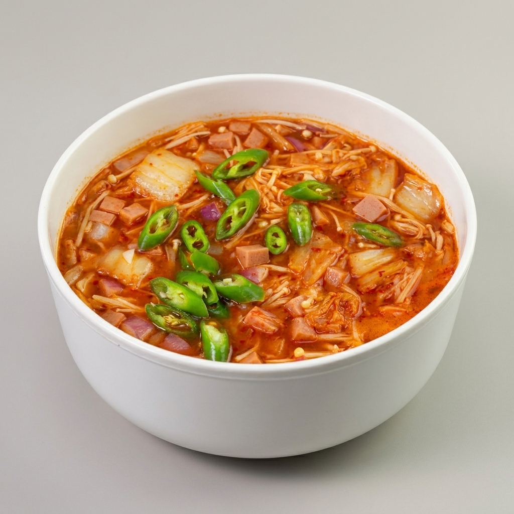 Grüne Chilischoten-Scheiben werden in einen köchelnden Topf mit scharfer Kimchi-Pilz-Suppe gegeben.