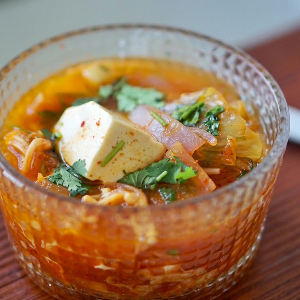 Tofu-Würfel werden vorsichtig in die köchelnde Kimchi-Suppe gelegt.