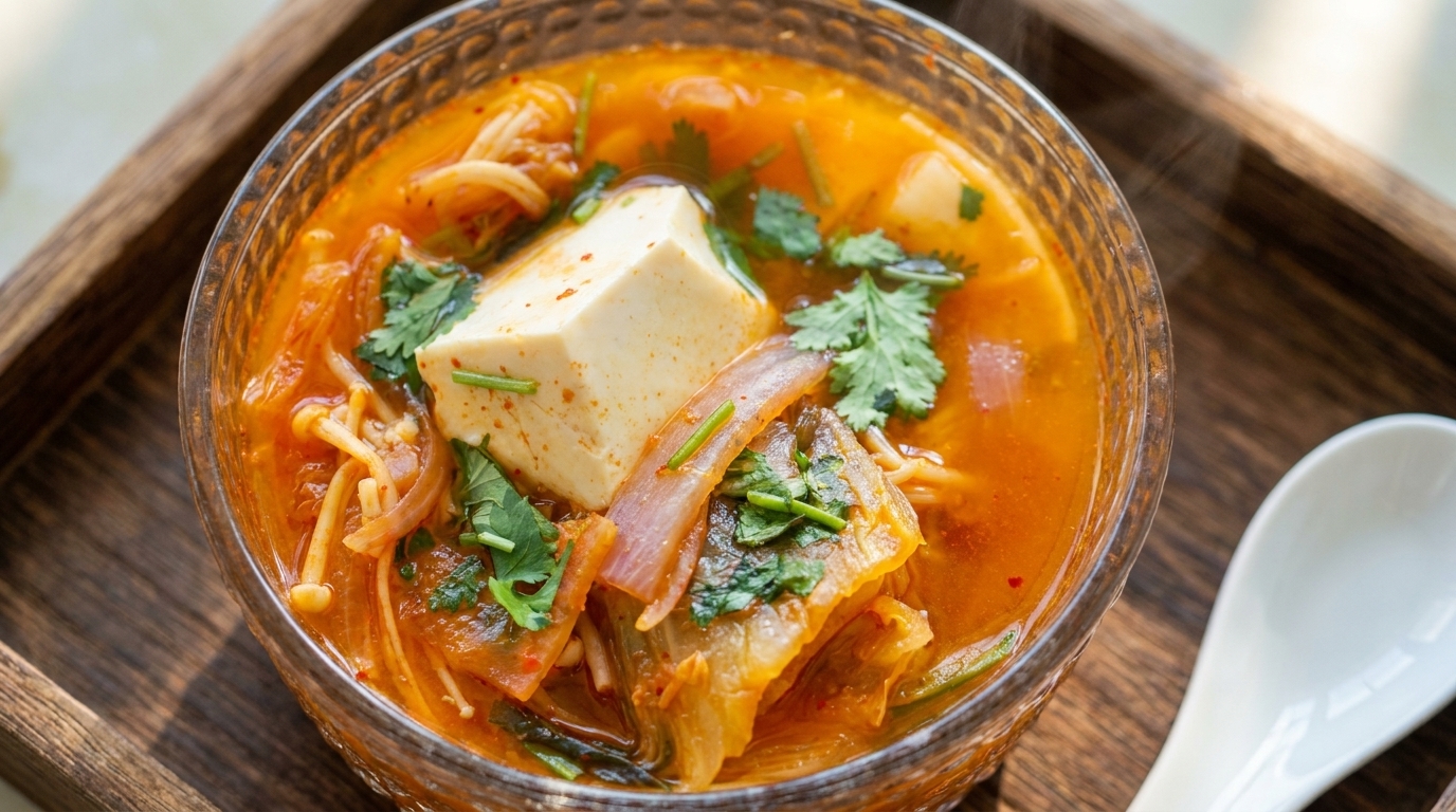 Koreanische Pilz-Kimchi-Tofu-Suppe