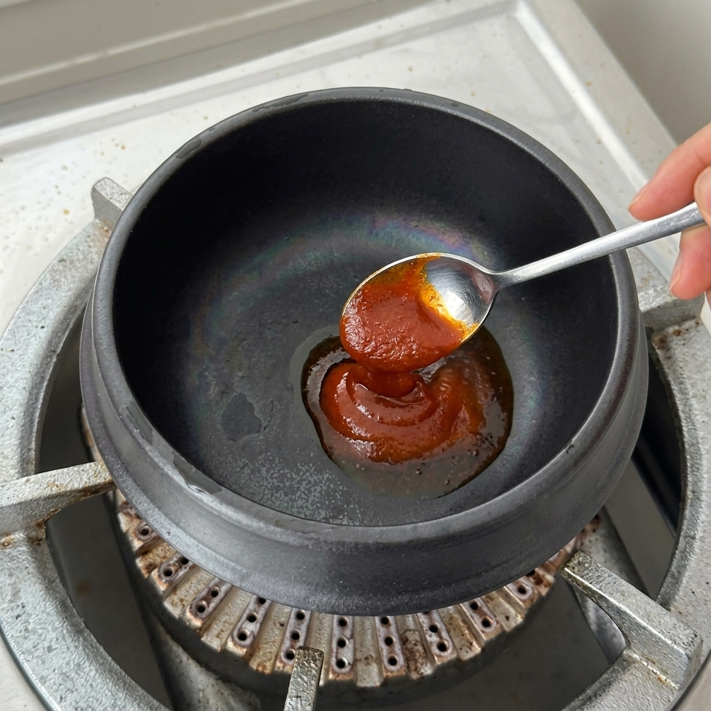 Gehackter Knoblauch und Zwiebelstreifen werden zur Chilipaste in den Topf gegeben.