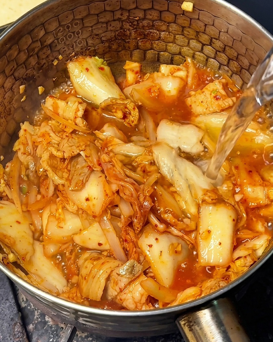 Heißes Wasser wird über die angebratene Kimchi-Fleisch-Mischung im Topf gegossen.