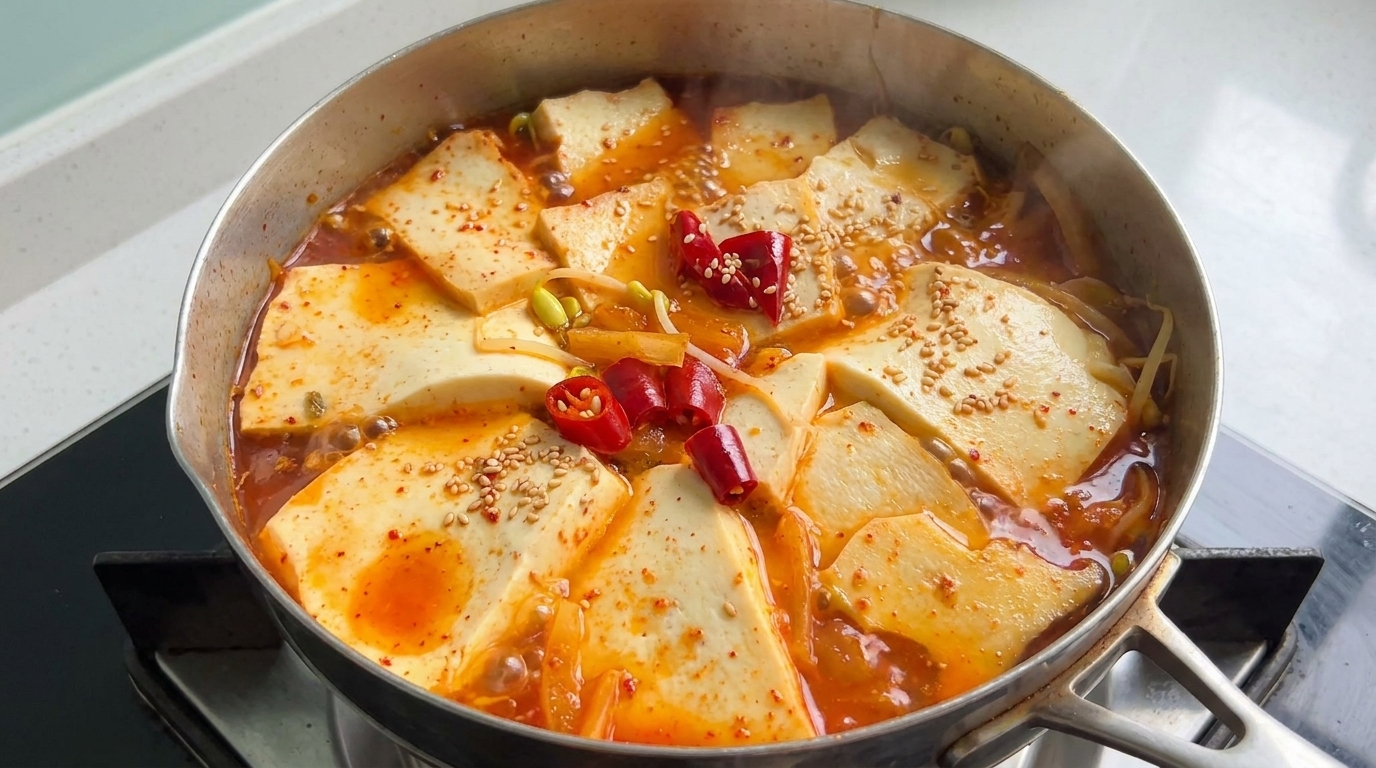 Ein köchelnder Topf mit würzigem Kimchi-Tofu-Eintopf, garniert mit frischer roter Chili und Sesamsamen.