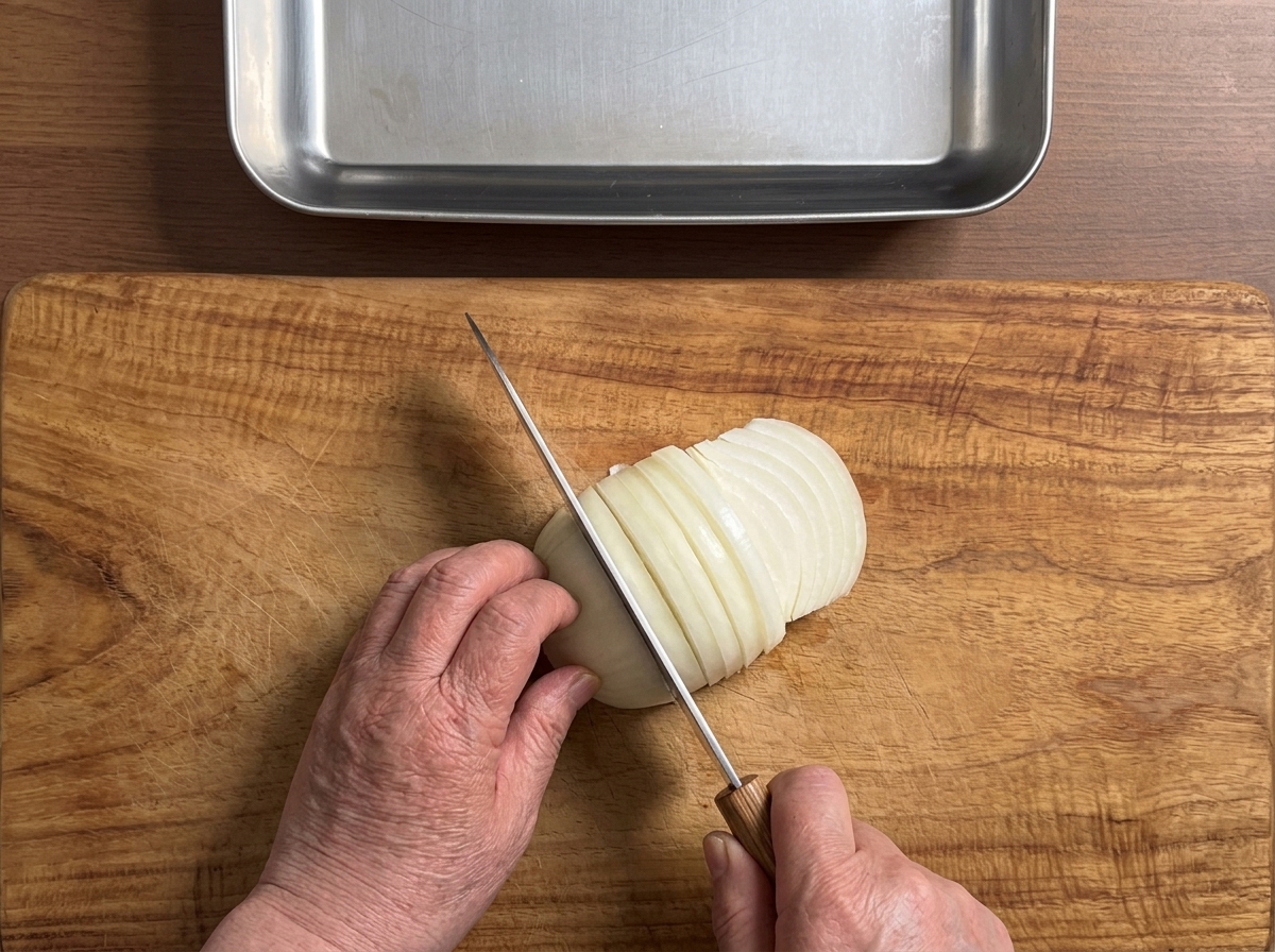 Eine Zwiebel wird sorgfältig in dicke, gleichmäßige Scheiben auf einem Holzschneidebrett geschnitten.