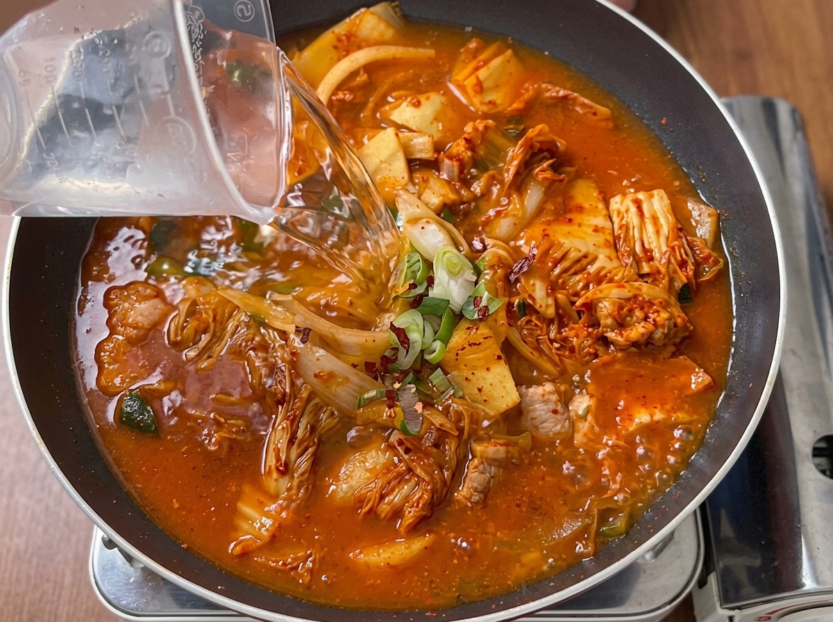 Wasser wird aus einem Messbecher in eine Pfanne mit angebratenem Kimchi und Fleisch gegossen.