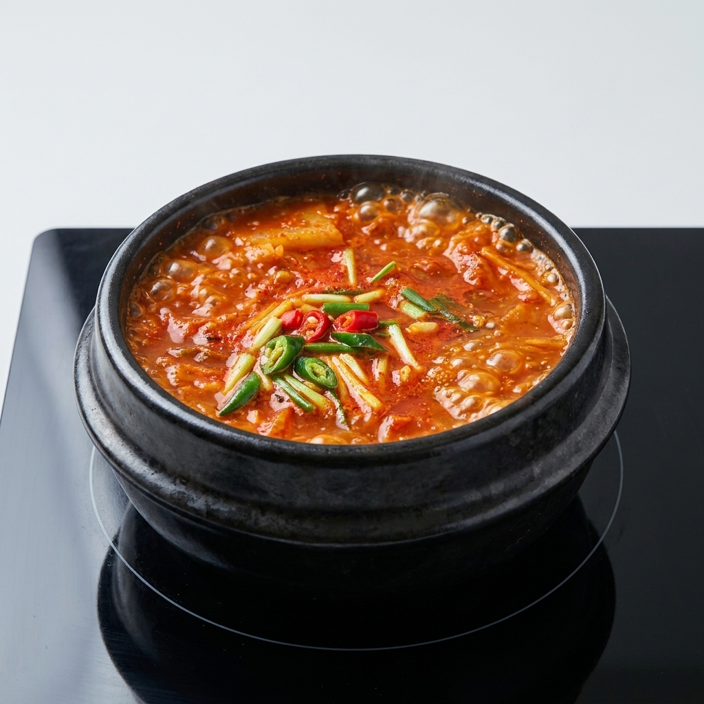 Rote Chilipaste und Sojabohnenpaste werden in den anbratenden Kimchi und das Hackfleisch im heißen Topf eingerührt.