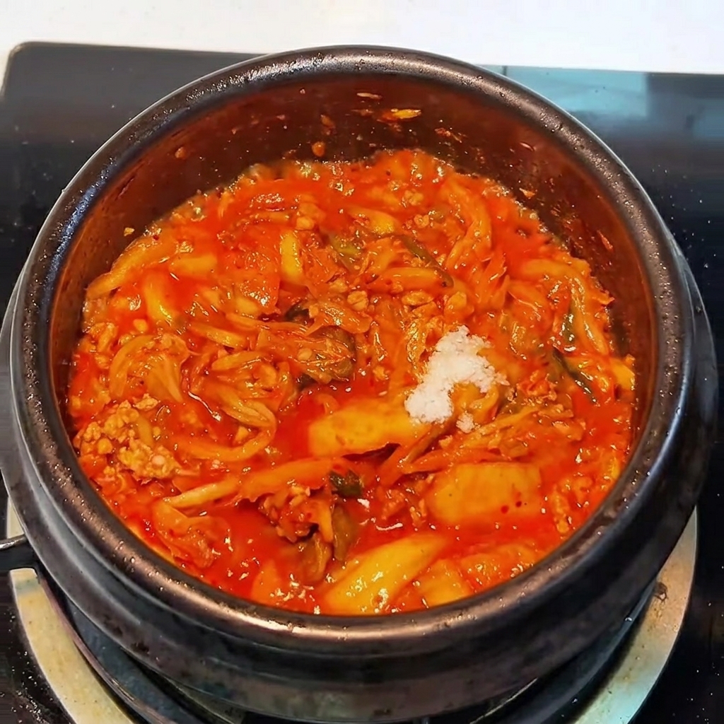 Eine kleine Menge weißer Zucker wird über die schmorende Kimchi-Fleisch-Mischung im Topf gestreut.