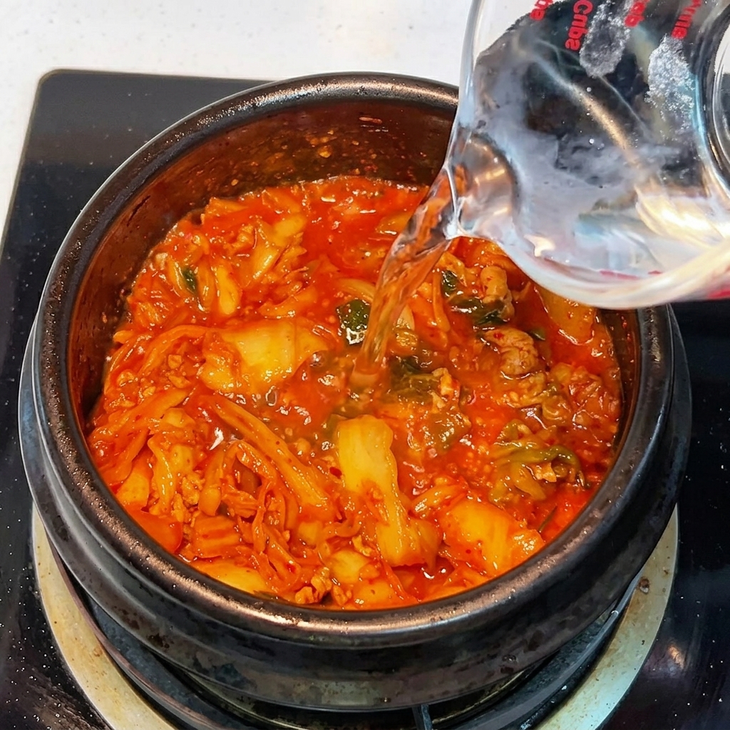 Heißes Wasser wird aus einem Messbecher in den Tontopf mit der Kimchi-Mischung gegossen.
