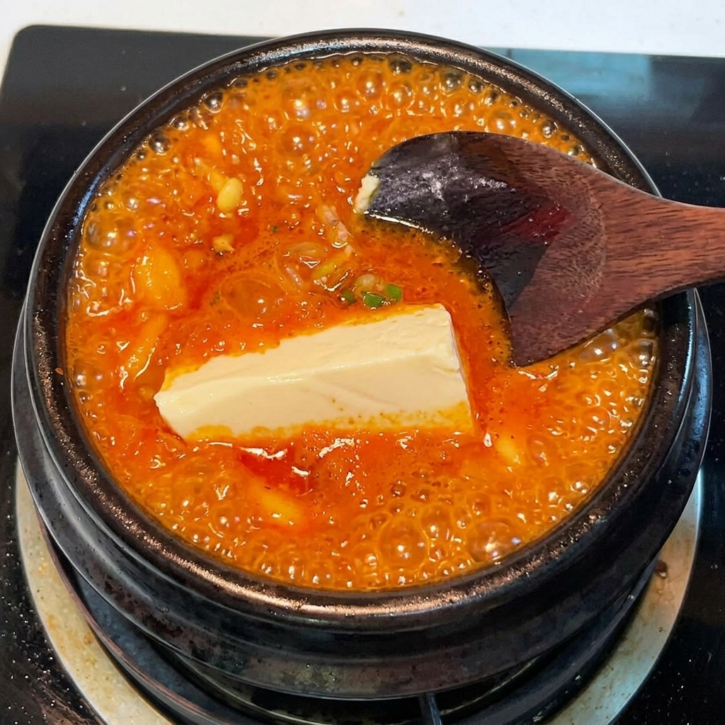 Ein Block weißer Seidentofu wird in einen lebhaft sprudelnden, roten Kimchi-Eintopf getaucht.