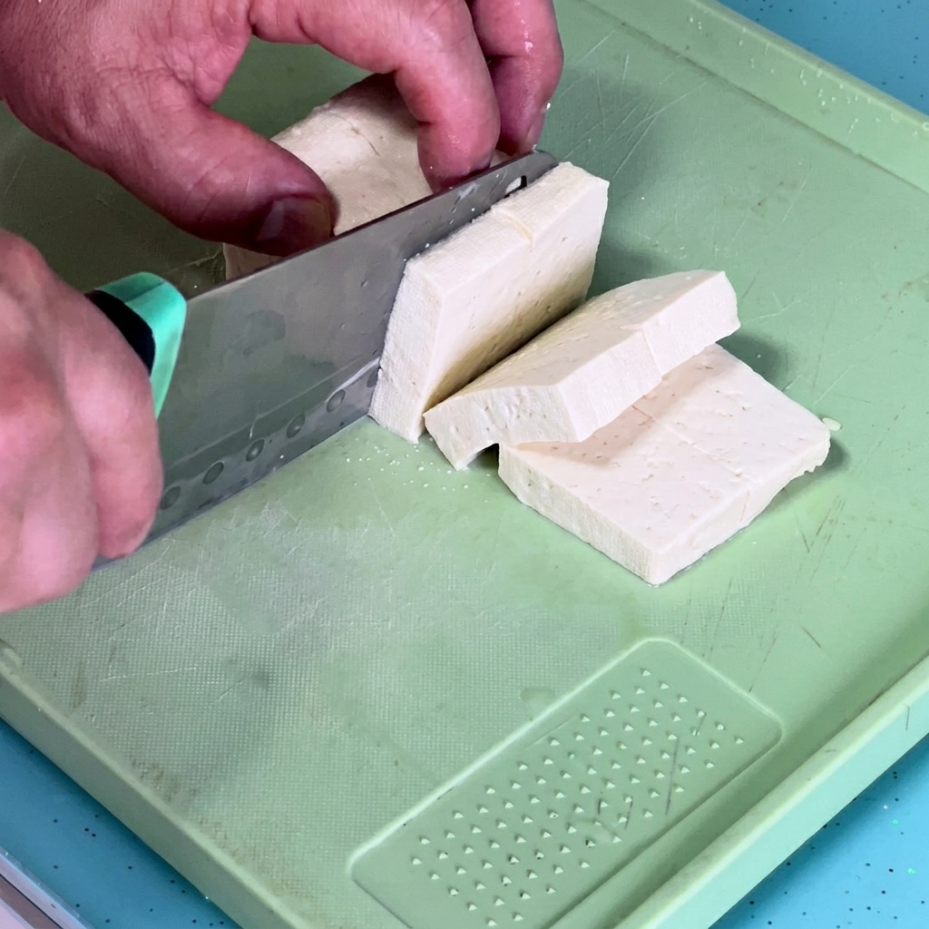 Zwiebelstücke und geschnittene grüne Chilischoten auf einem Schneidebrett.