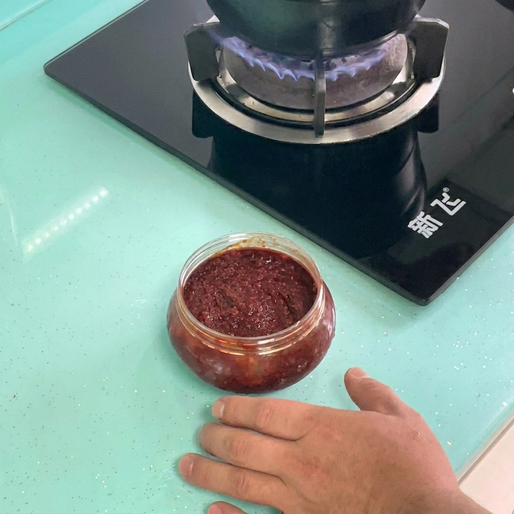 Koreanische Chilipaste und Sojabohnenpaste werden in kochendes Wasser in einem Topf eingerührt.