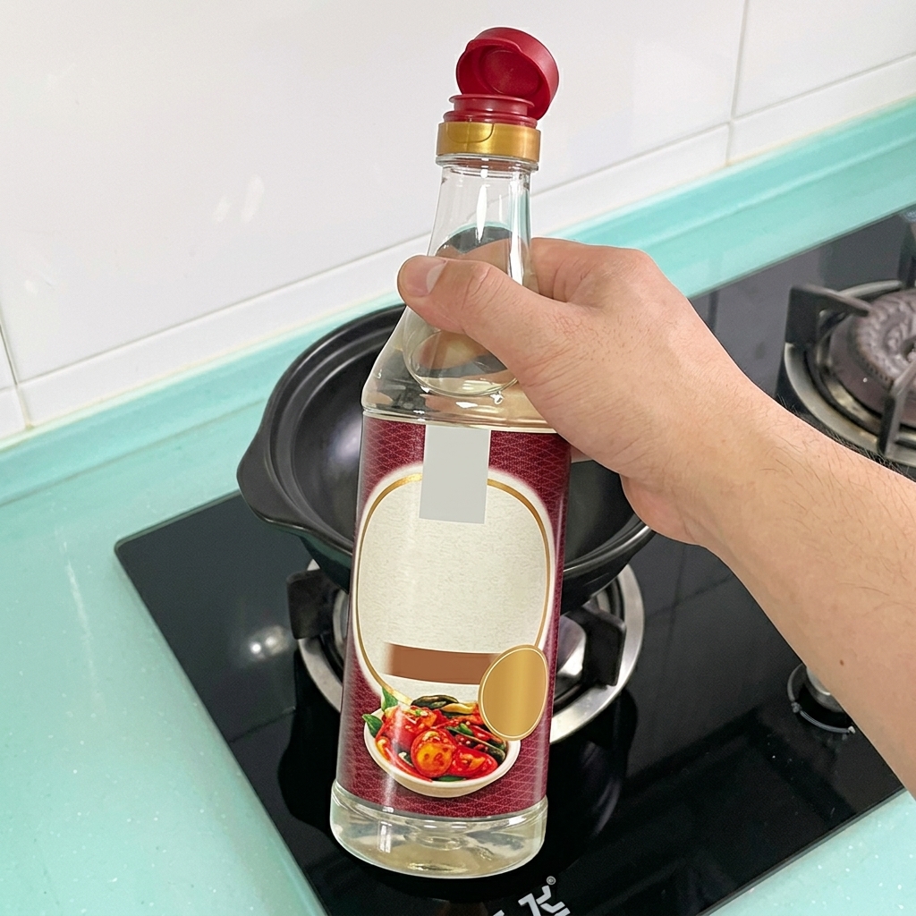 Koreanische Fischsauce wird aus einer Flasche in die köchelnde rote Brühe gegossen.