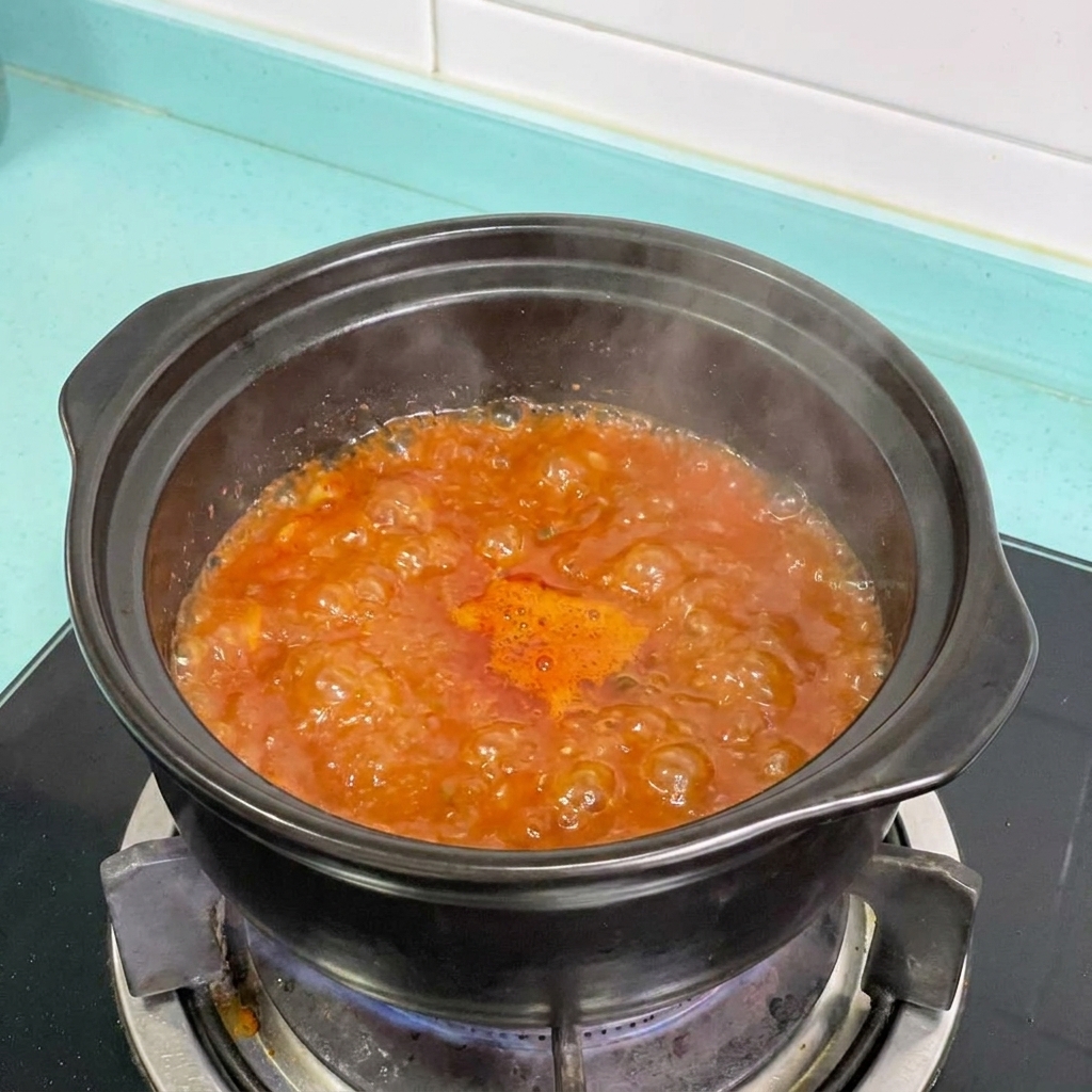 Zwiebeln und Tofu werden in den köchelnden roten koreanischen Eintopf gegeben.