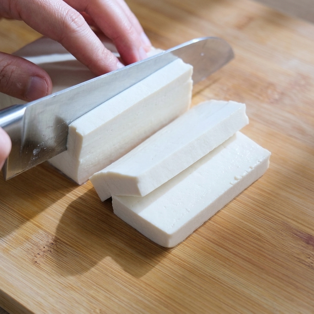 Ein Block weißer Tofu wird auf einem Holzschneidebrett in kleine, gleichmäßige Würfel geschnitten.