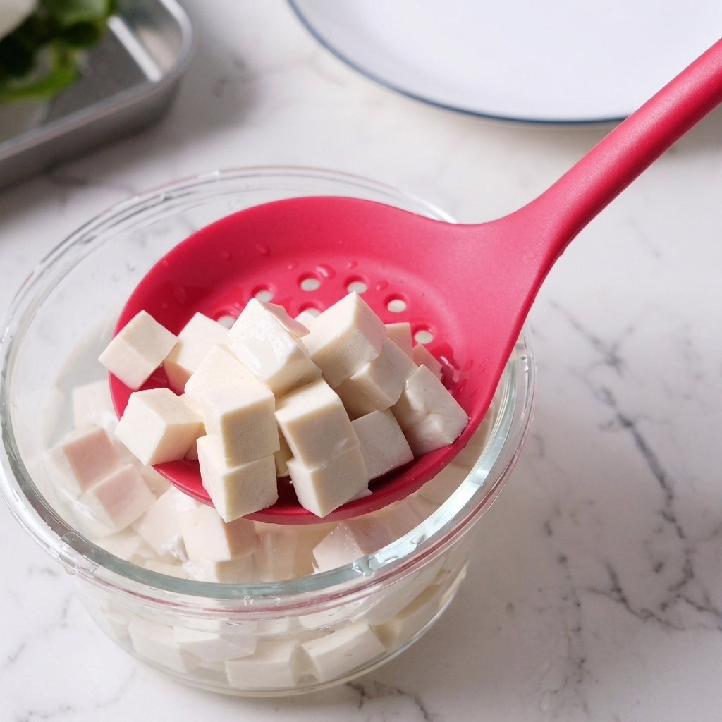 Gewürfelter Tofu wird mit einem rosa Schaumlöffel aus einer Schale mit Wasser gehoben.
