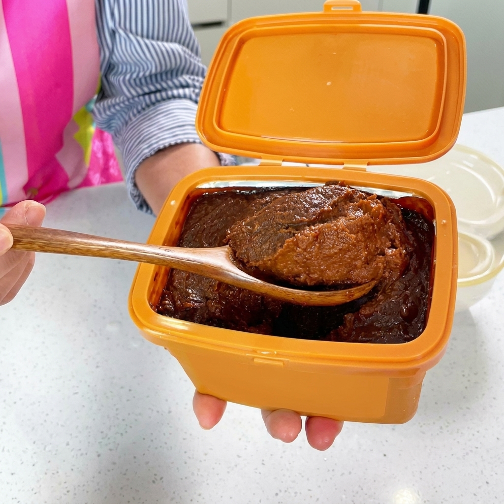 Ein großer Löffel dicker, brauner Sojabohnenpaste wird in den Steintopf gegeben.