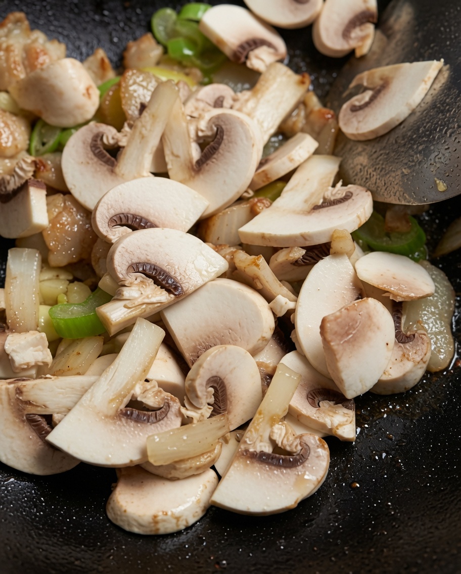 Geschnittene Pilze garen in einer Pfanne mit Schweinefleisch und aromatischen Zutaten.