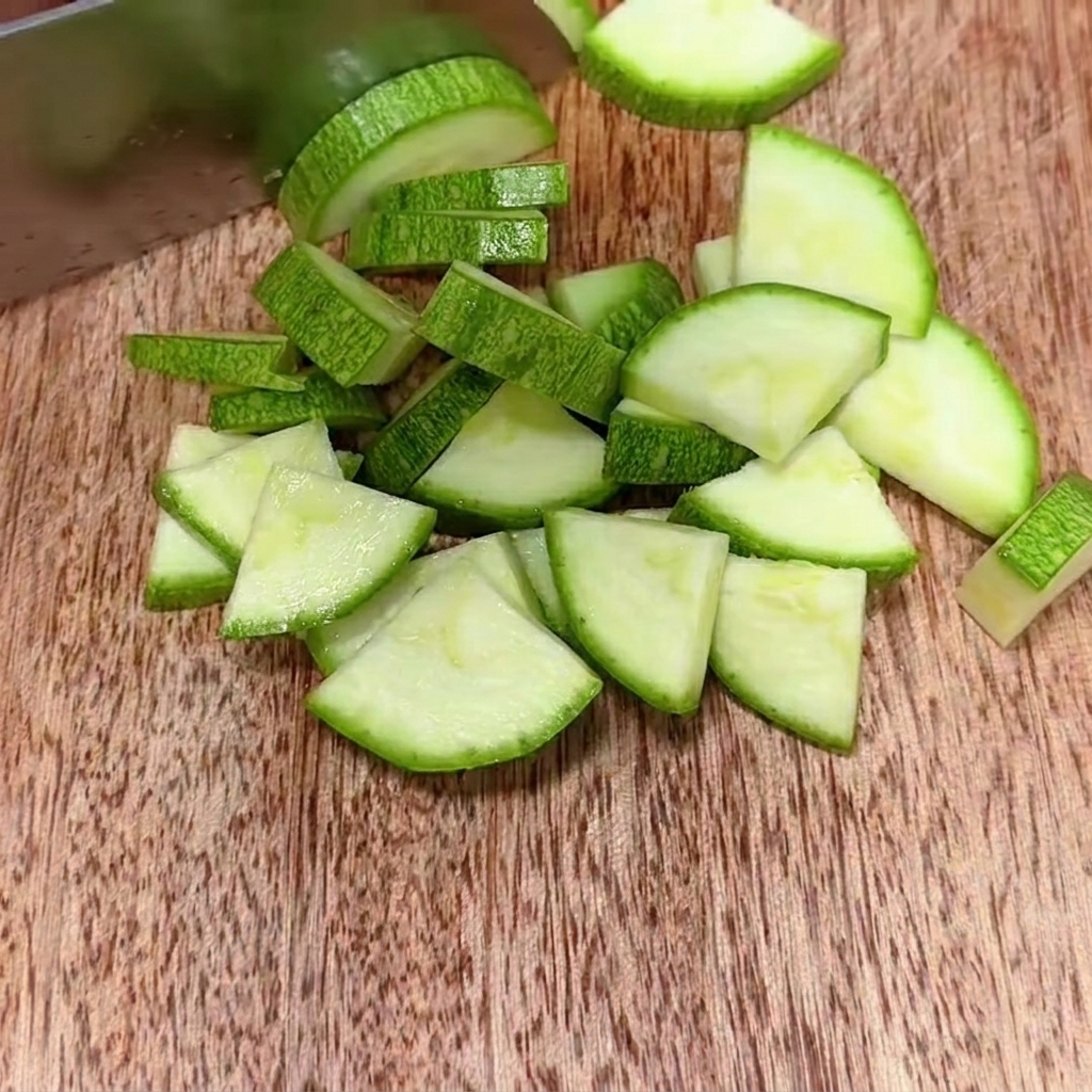 Frische grüne Zucchini, in kleine, gleichmäßige Stücke geschnitten auf einem Holzschneidebrett.