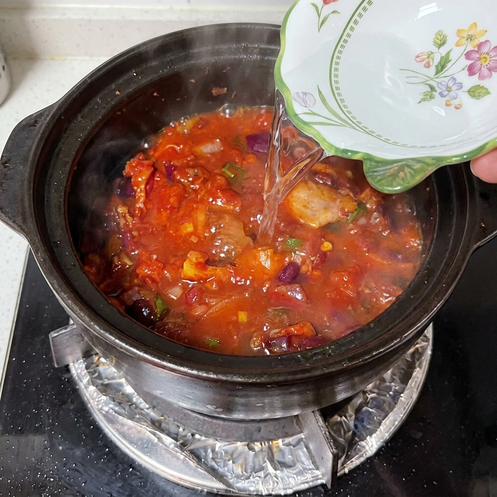 Eine Schüssel Wasser wird in einen dunklen Tontopf auf dem Herd gegossen.