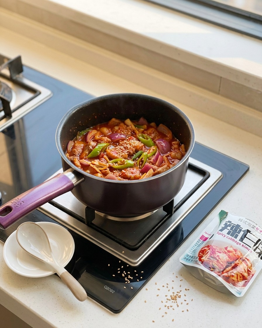Kimchi wird mit dem Schweinebauch und den Aromaten im Topf angebraten.
