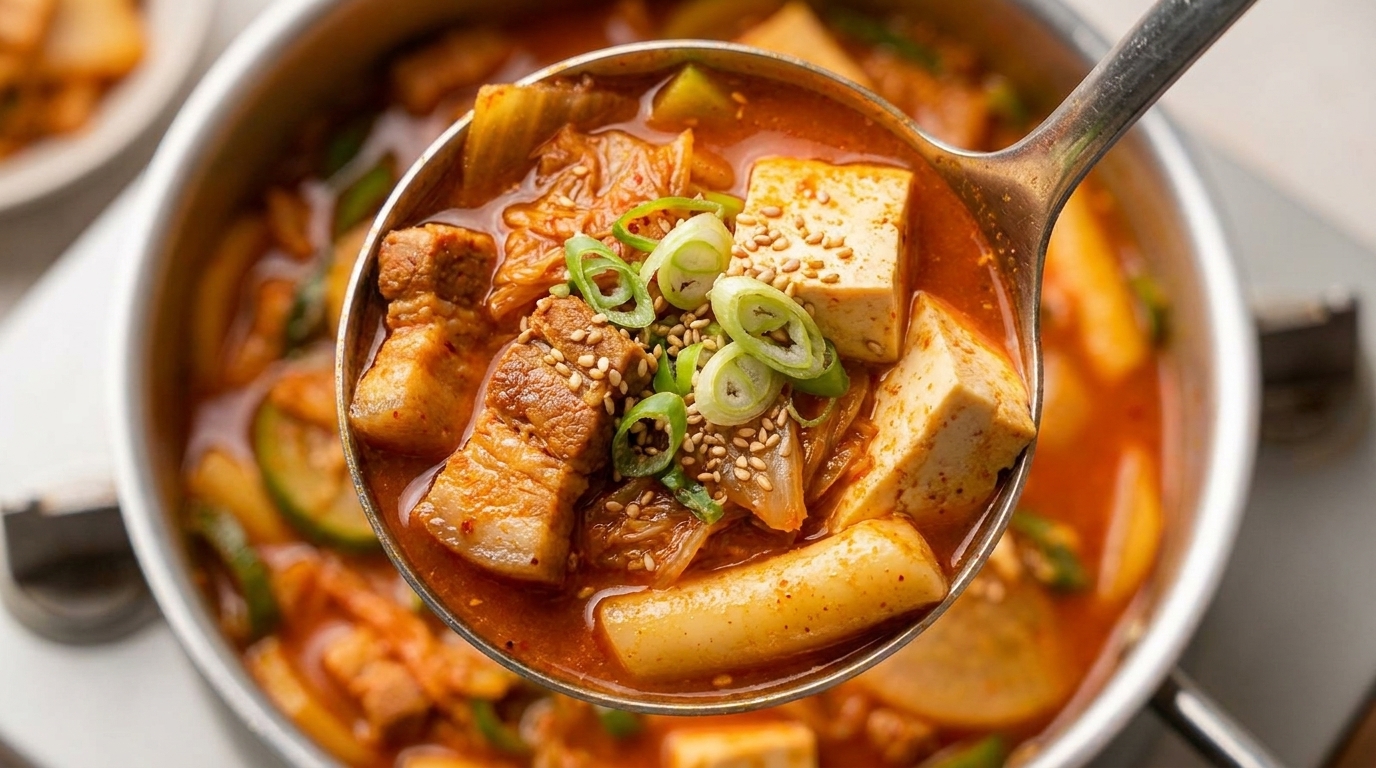 Ein herzhafter, scharfer Eintopf mit saftigem Schweinebauch, zartem Tofu und bissfesten Reiskuchen in einer lebendigen Kimchi-Brühe.