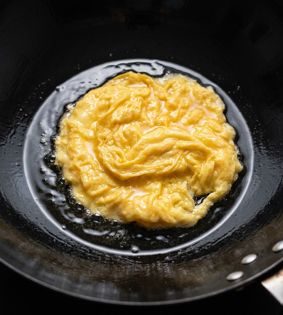 Kochendes Wasser wird in einen Wok mit gebratenen Eiern gegossen, wodurch eine sprudelnde, hellgelbe Brühe entsteht.