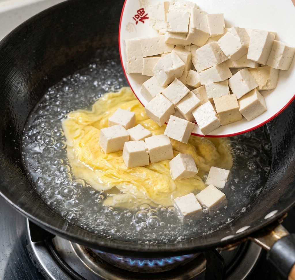 Gewürfelte Tofustücke werden in eine Pfanne mit köchelnder Eierbrühe gegeben.