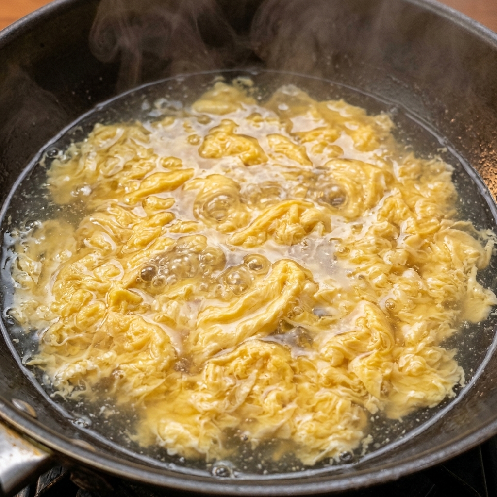 Kochendes Wasser wird in einen Wok mit den gebratenen Eiern gegossen.