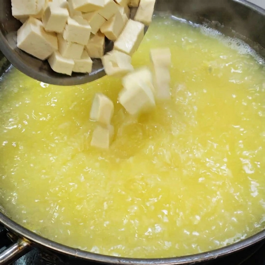Tofuwürfel werden in eine köchelnde Suppe mit gesalzenen Eiern gegeben.