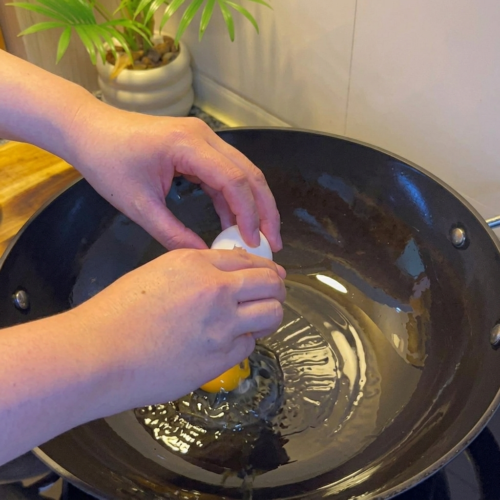 Ein goldbraun gebratenes Ei in einem Wok mit Öl.