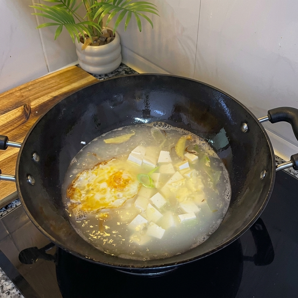 Suppenbrühe mit Ei und Tofuwürfeln wird gewürzt.