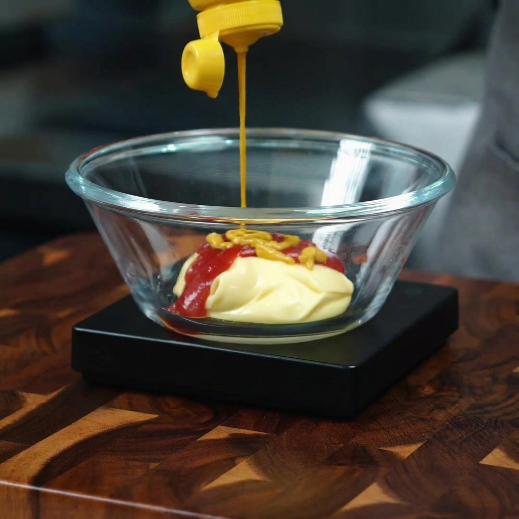 Sriracha-Chilisauce wird zur Mischung in der Schale gegeben.