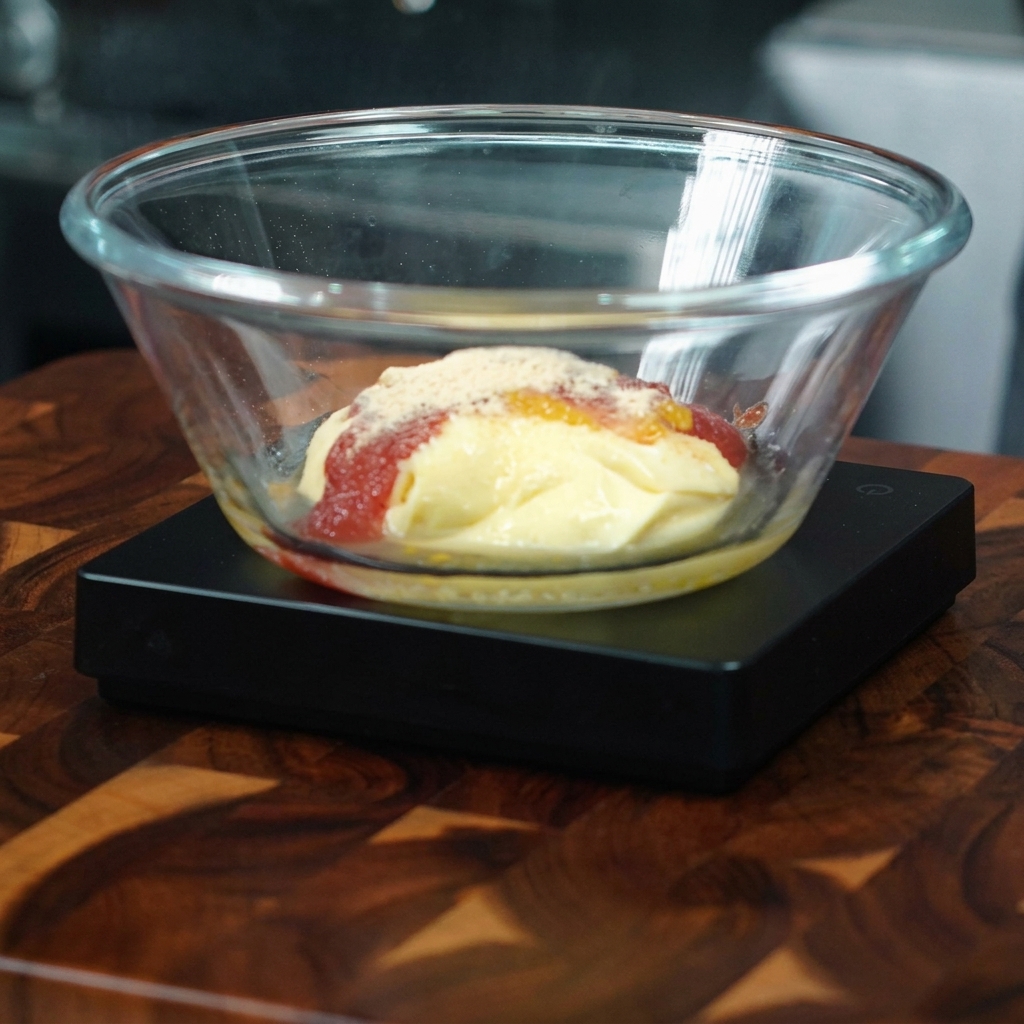 Nahaufnahme einer Glasschale, in die 1g Zwiebelpulver gegeben wird.