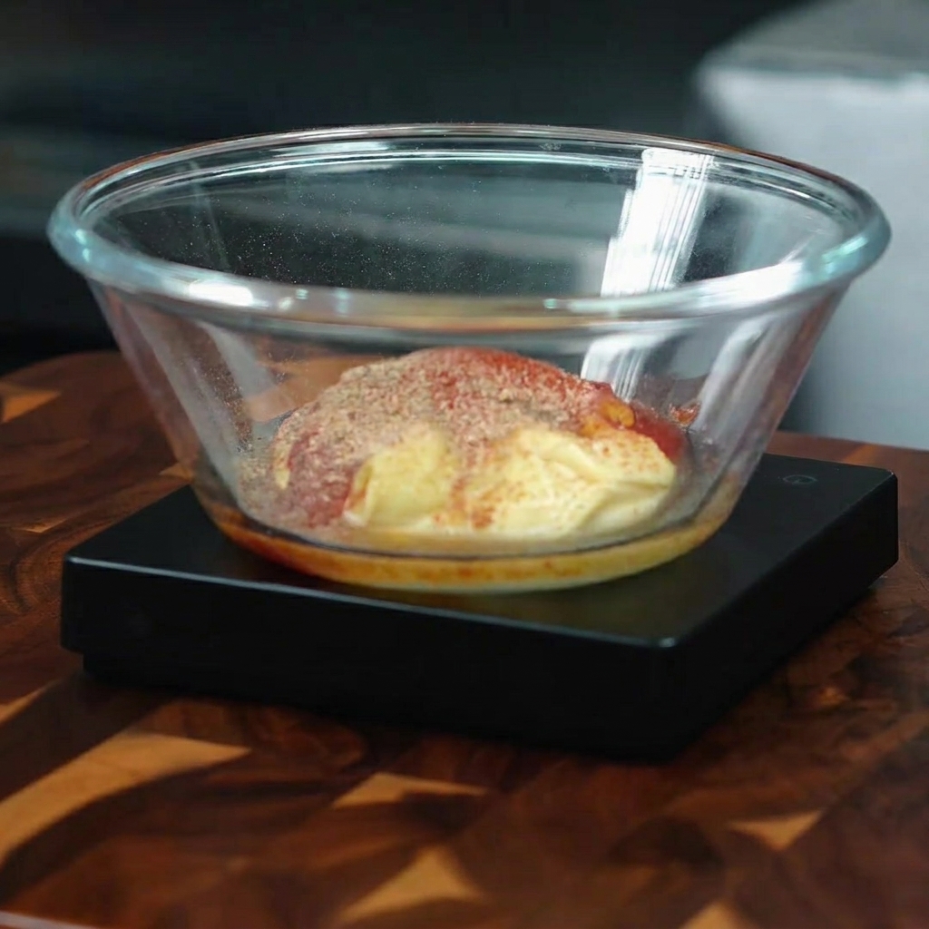Die Saucenmischung in einer Glasschale, bestreut mit Chilipulver, Pfeffer und Salz.