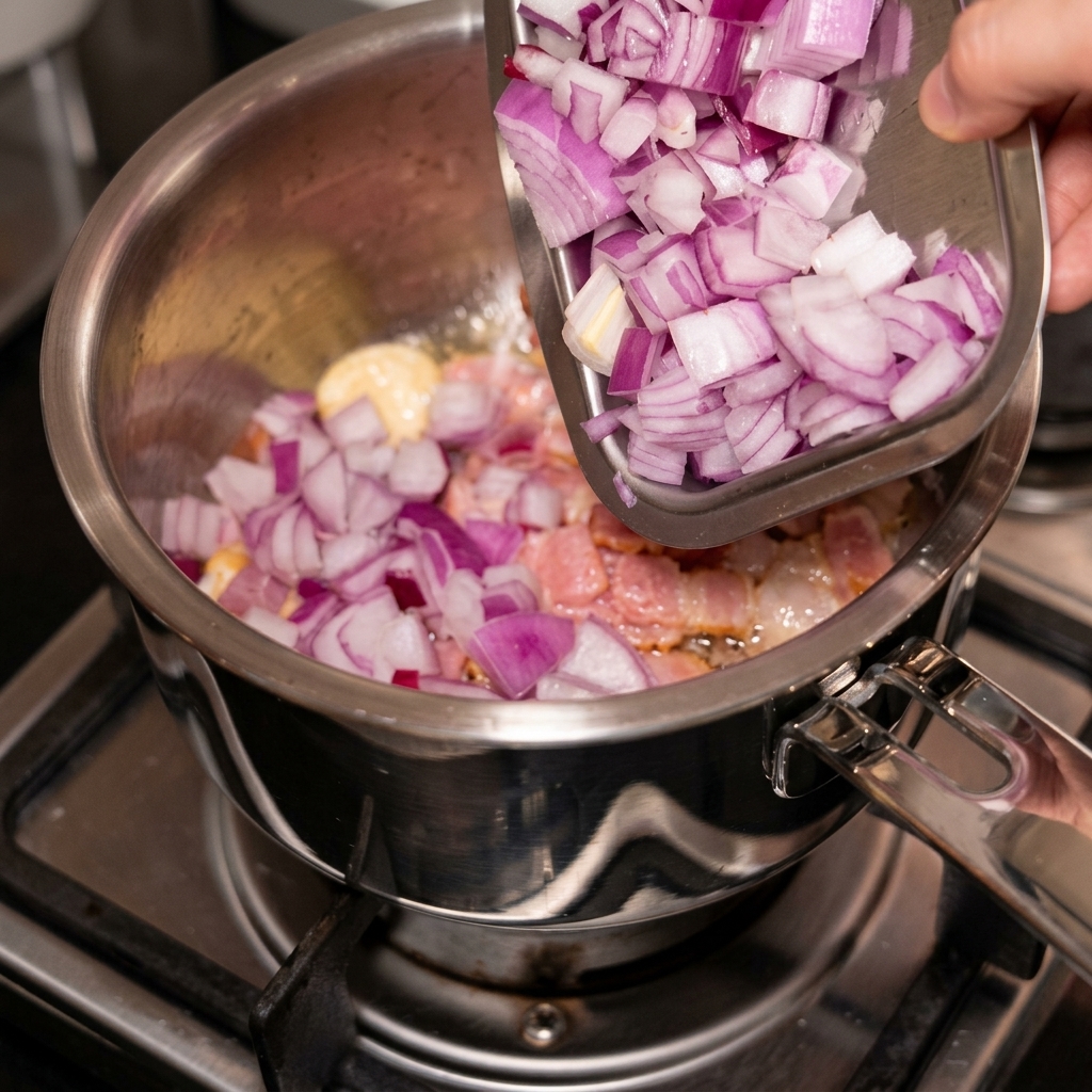 Gewürfelte rote Zwiebeln werden in einen Topf mit Knoblauch und Speck gegeben.