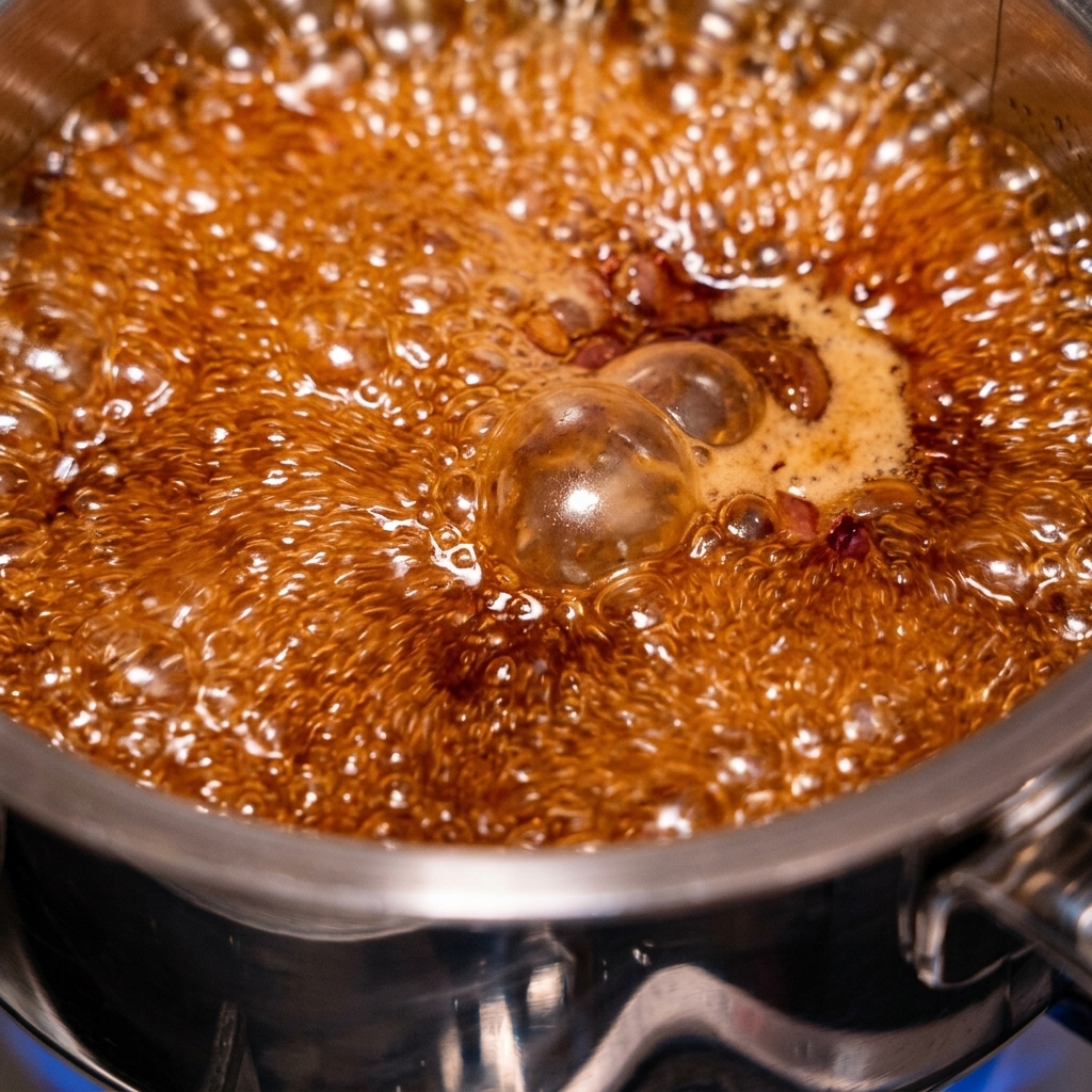 Eine glatte, dunkelbraune Sauce wird aus einem Standmixer gegossen.