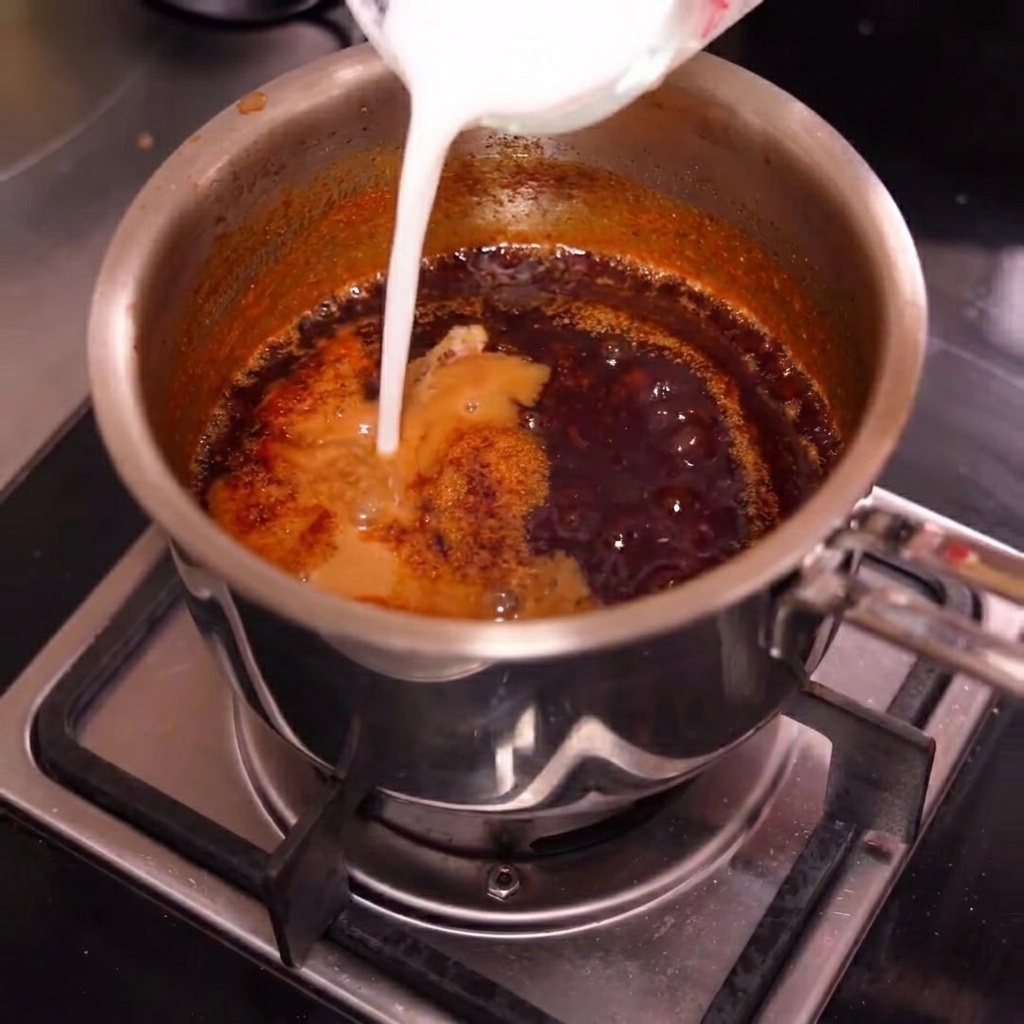 Die Sauce dickt in der Pfanne nach Zugabe der Stärkemischung ein und beginnt zu blubbern.