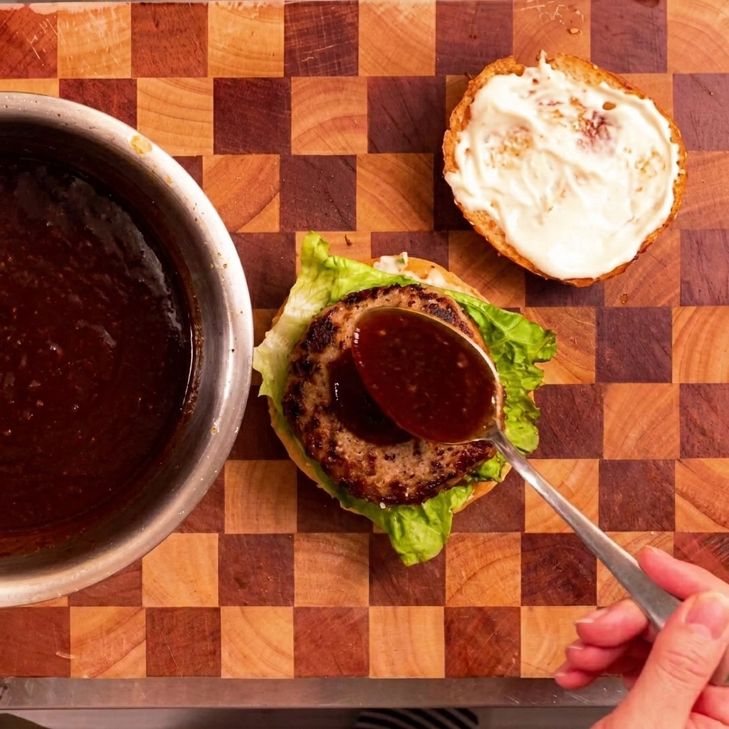 Nahaufnahme: Dunkle, glänzende Teriyaki-Sauce wird über ein gebratenes Patty auf einem Salatbett gegossen.